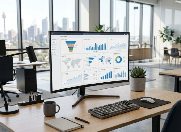 Website analytics dashboard showing conversion funnel, website performance metrics, lead generation insights and user journey data on a modern desktop workspace.