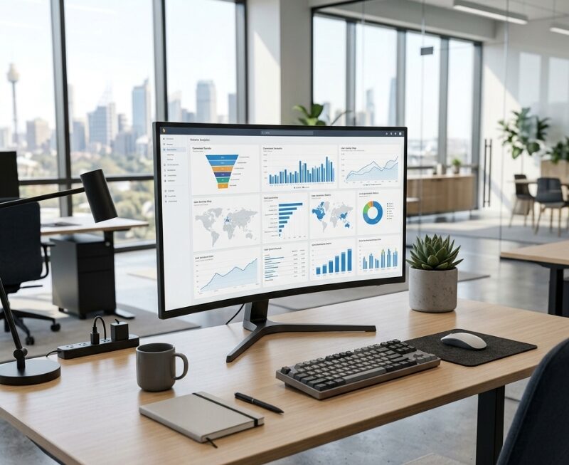 Website analytics dashboard showing conversion funnel, website performance metrics, lead generation insights and user journey data on a modern desktop workspace.