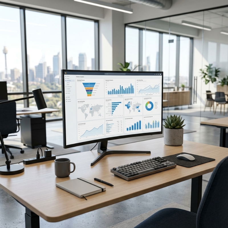 Website analytics dashboard showing conversion funnel, website performance metrics, lead generation insights and user journey data on a modern desktop workspace.