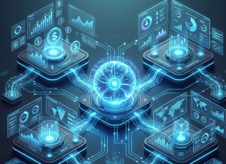 Central AI system orchestrating multiple automated business workflows in a connected digital hub