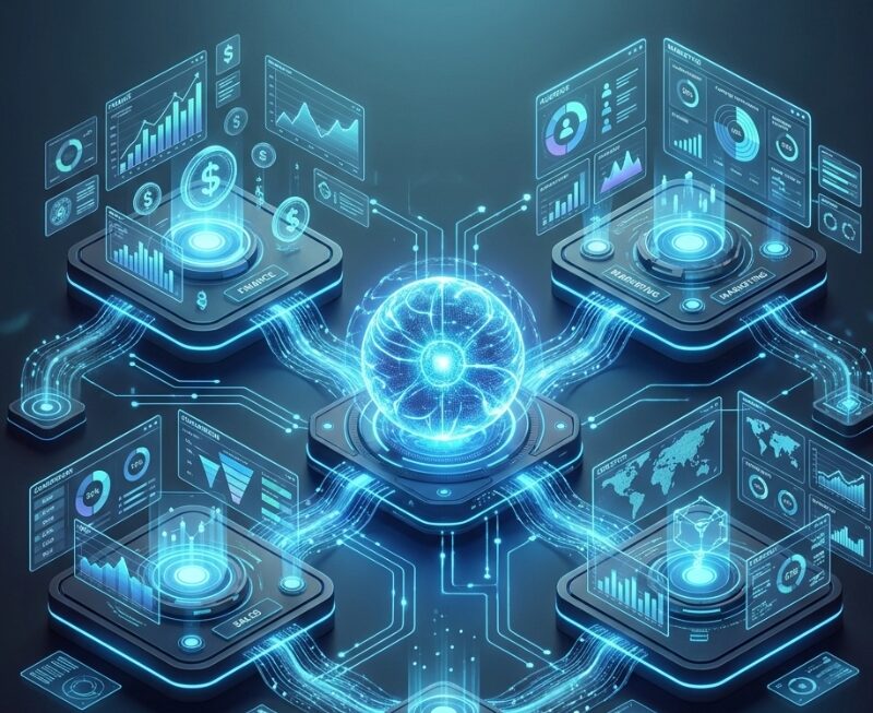 Central AI system orchestrating multiple automated business workflows in a connected digital hub