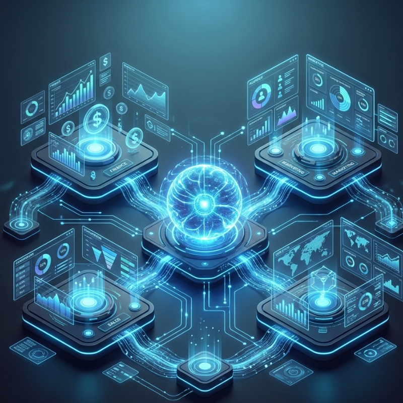 Central AI system orchestrating multiple automated business workflows in a connected digital hub