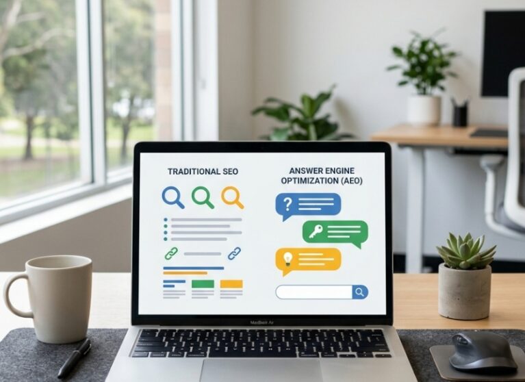 A laptop on a wooden desk comparing traditional SEO web layouts with Answer Engine Optimization (AEO) chat bubbles.