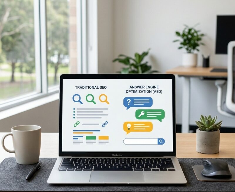 A laptop on a wooden desk comparing traditional SEO web layouts with Answer Engine Optimization (AEO) chat bubbles.
