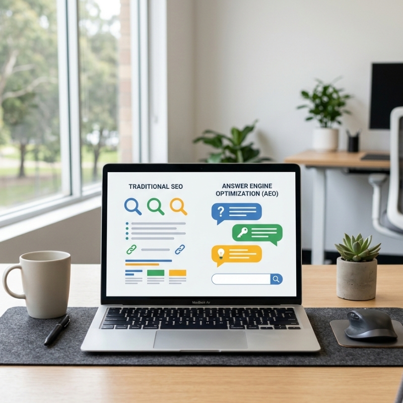 A laptop on a wooden desk comparing traditional SEO web layouts with Answer Engine Optimization (AEO) chat bubbles.