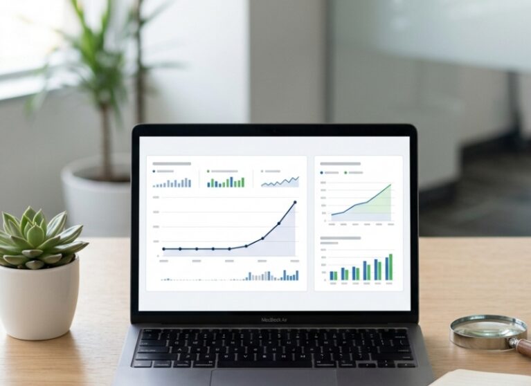 Minimal office workspace with a laptop showing a simple AI workflow automation diagram for business process management.