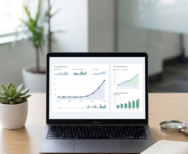 Minimal office workspace with a laptop showing a simple AI workflow automation diagram for business process management.