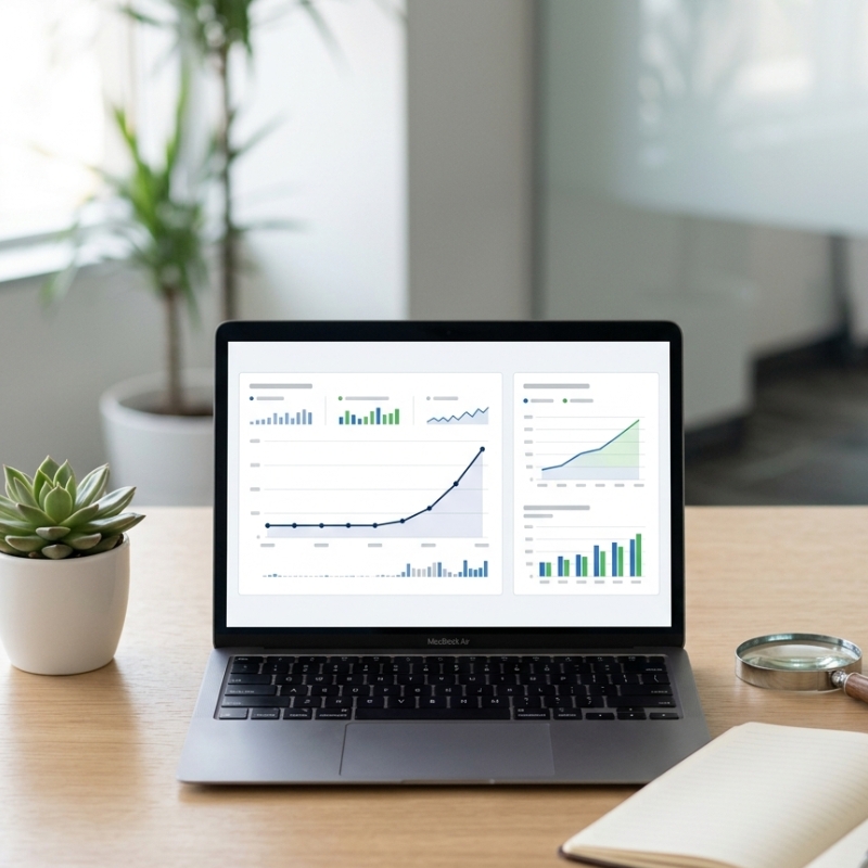Minimal office workspace with a laptop showing a simple AI workflow automation diagram for business process management.