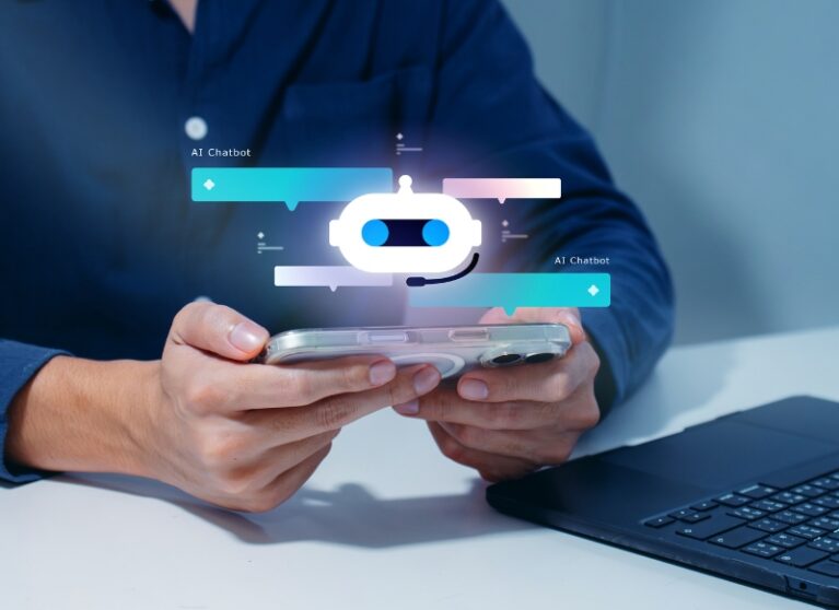 A user holding a smartphone that displays a glowing robot chatbot graphic, representing an interactive ai search assistant interface.