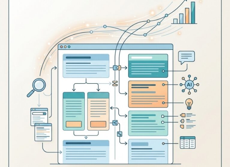 Illustration of website layout flowcharts and growth graphs detailing modern AEO strategies.