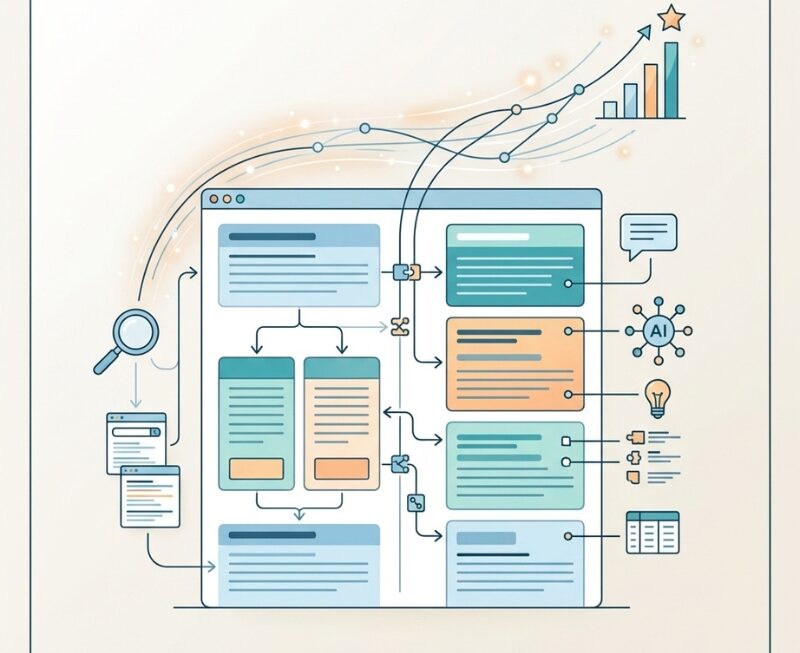 Illustration of website layout flowcharts and growth graphs detailing modern AEO strategies.