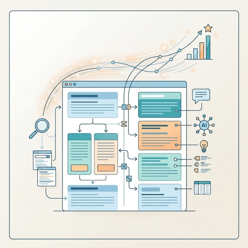 Illustration of website layout flowcharts and growth graphs detailing modern AEO strategies.