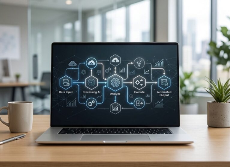 Laptop screen showing a workflow diagram of AI Automation from data input to automated output.