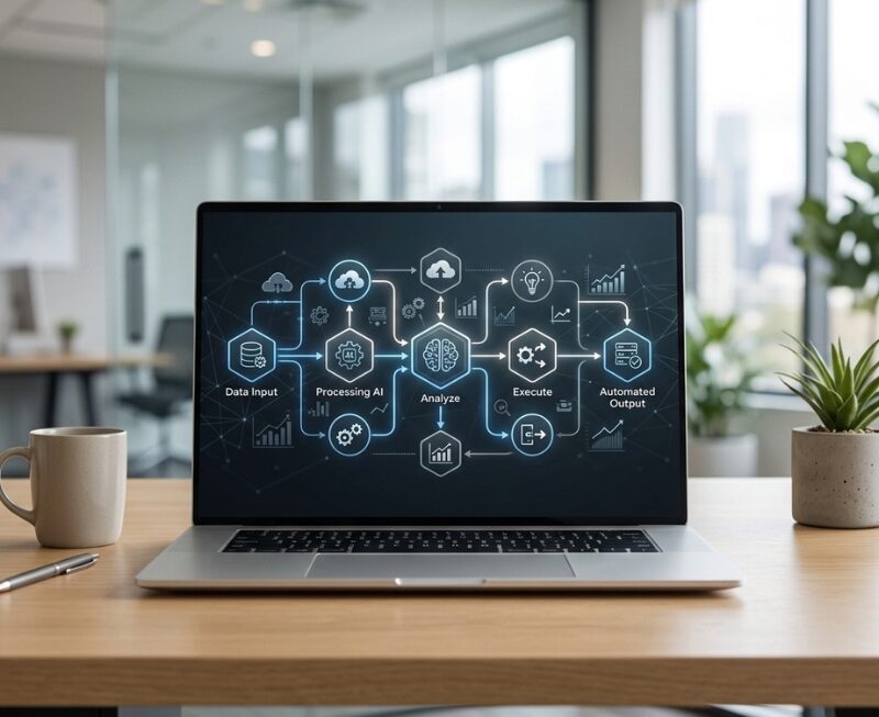 Laptop screen showing a workflow diagram of AI Automation from data input to automated output.