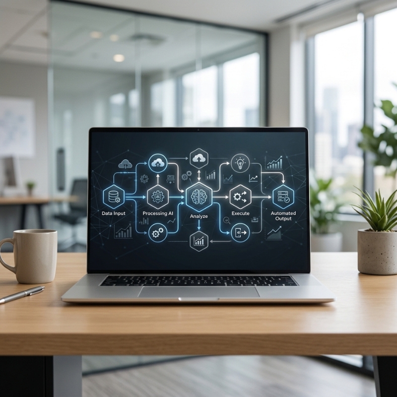 Laptop screen showing a workflow diagram of AI Automation from data input to automated output.