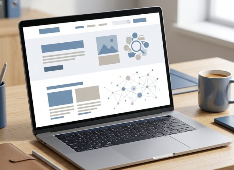 Laptop screen showing structured website layouts and data networks to optimize digital content for AEO.