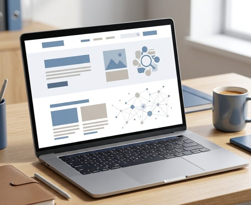 Laptop screen showing structured website layouts and data networks to optimize digital content for AEO.