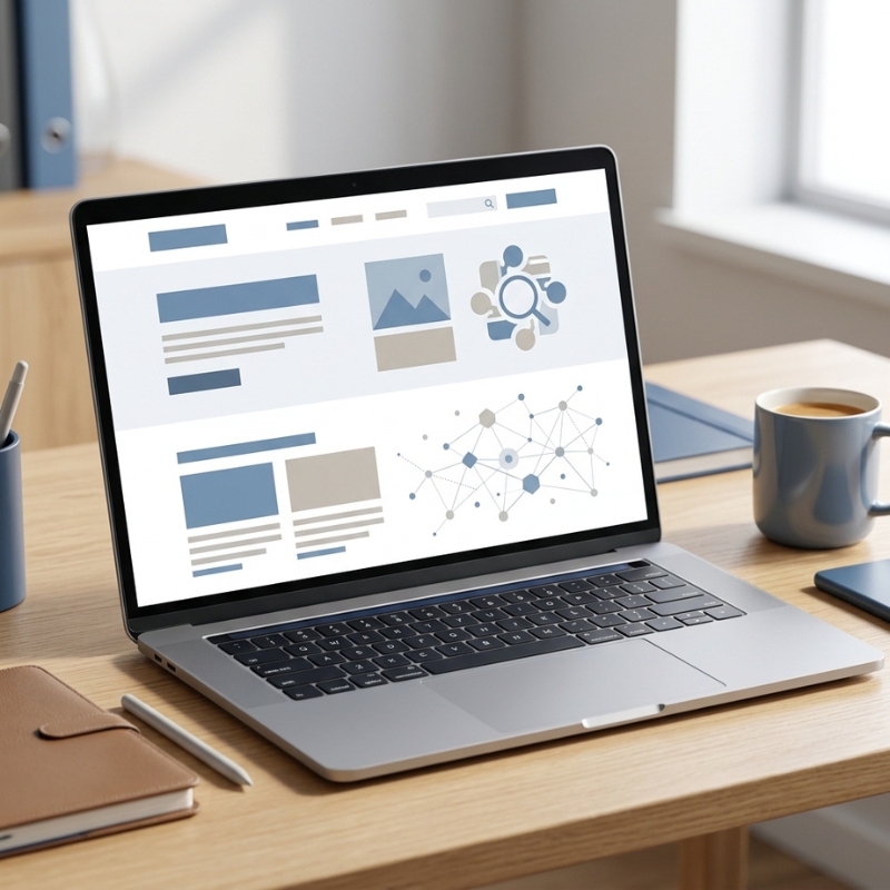 Laptop screen showing structured website layouts and data networks to optimize digital content for AEO.