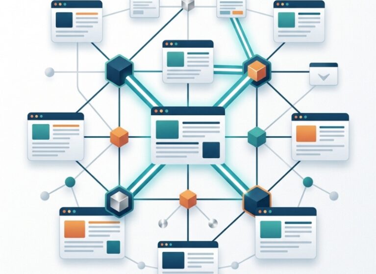 Modern SEO link-building network showing high-quality backlink connections