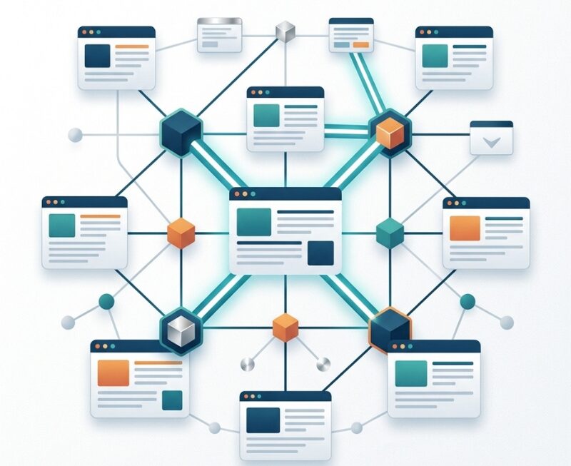 Modern SEO link-building network showing high-quality backlink connections