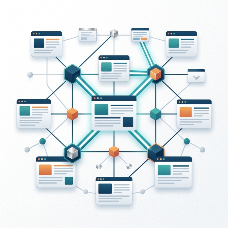Modern SEO link-building network showing high-quality backlink connections