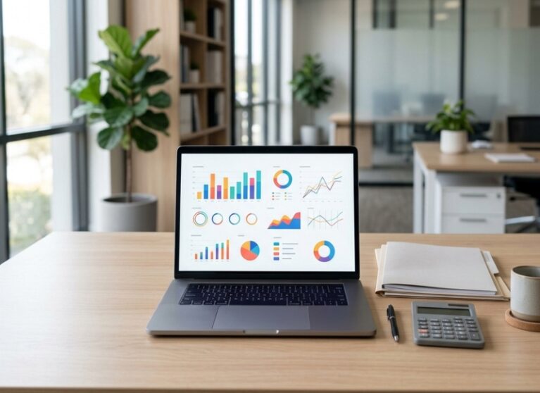 Laptop showing analytics dashboard for marketing for accounting firms on a clean office desk with a calculator.
