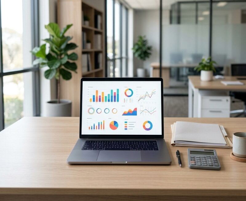 Laptop showing analytics dashboard for marketing for accounting firms on a clean office desk with a calculator.