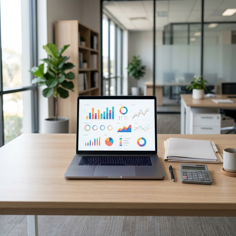 Laptop showing analytics dashboard for marketing for accounting firms on a clean office desk with a calculator.