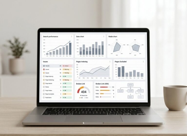 SEO audit dashboard showing website indexing, search performance and technical SEO checks