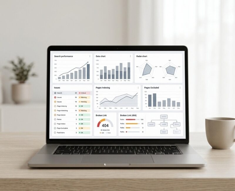 SEO audit dashboard showing website indexing, search performance and technical SEO checks