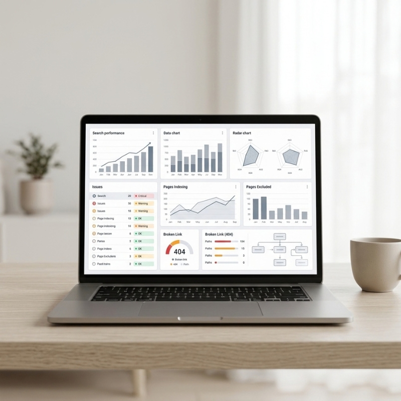 SEO audit dashboard showing website indexing, search performance and technical SEO checks