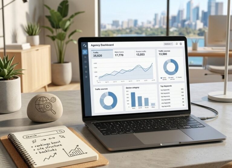 Business automation and digital marketing analytics dashboard on a laptop