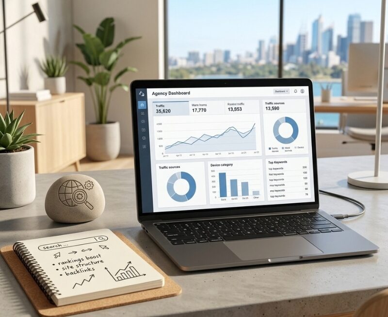 Business automation and digital marketing analytics dashboard on a laptop