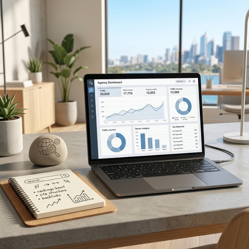 Business automation and digital marketing analytics dashboard on a laptop