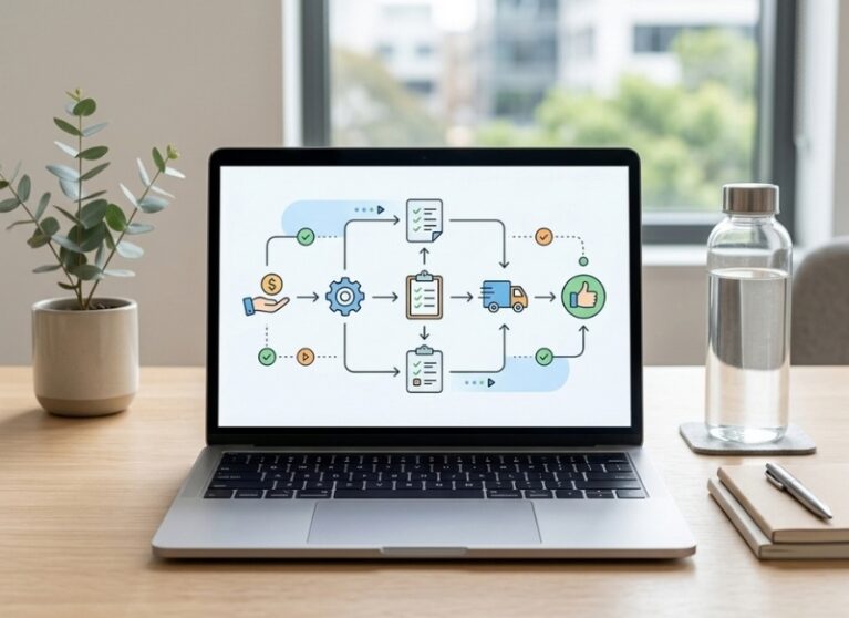 Business task automation workflow with organised digital process steps